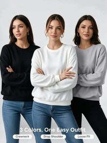 Elenzga 3pcs Plus Size Minimalist Casual Crew Neck Long Sleeve Sweatshirts - Multicolor - View 1