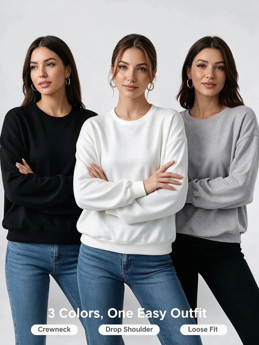 Elenzga 3pcs Plus Size Minimalist Casual Crew Neck Long Sleeve Sweatshirts - Multicolor - View 1