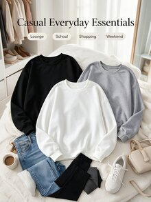 Elenzga 3pcs Plus Size Minimalist Casual Crew Neck Long Sleeve Sweatshirts - Multicolor - View 8