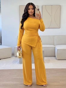 Poshavie Poshavie Setelan 2 Potong Ukuran Plus dengan Bahu Terbuka dan Tali Serut, Atasan Lengan Panjang dan Celana Panjang Lebar, Kasual Elegan, Setelan Formal untuk Acara Santai, Warna Kuning Musim Gugur - Kuning - View 3
