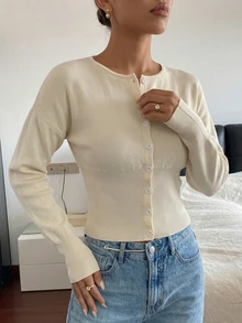 SHEIN PariChic Cream White Round Neck Slim Fit Autumn/Winter Knit Cardigan Office Minimalist French Elegant Casual Basic - White - View 4