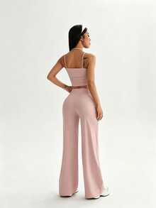 SHEIN Sports Women's Solid Color Camisole Tank Top And Long Pants Yoga Sports Modest Athletic Set Gym Active Blush Pink Summer Gym Active - Pink - View 2