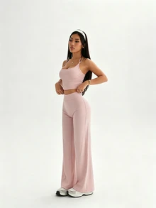 SHEIN Sports Women's Solid Color Camisole Tank Top And Long Pants Yoga Sports Modest Athletic Set Gym Active Blush Pink Summer Gym Active - Pink - View 3