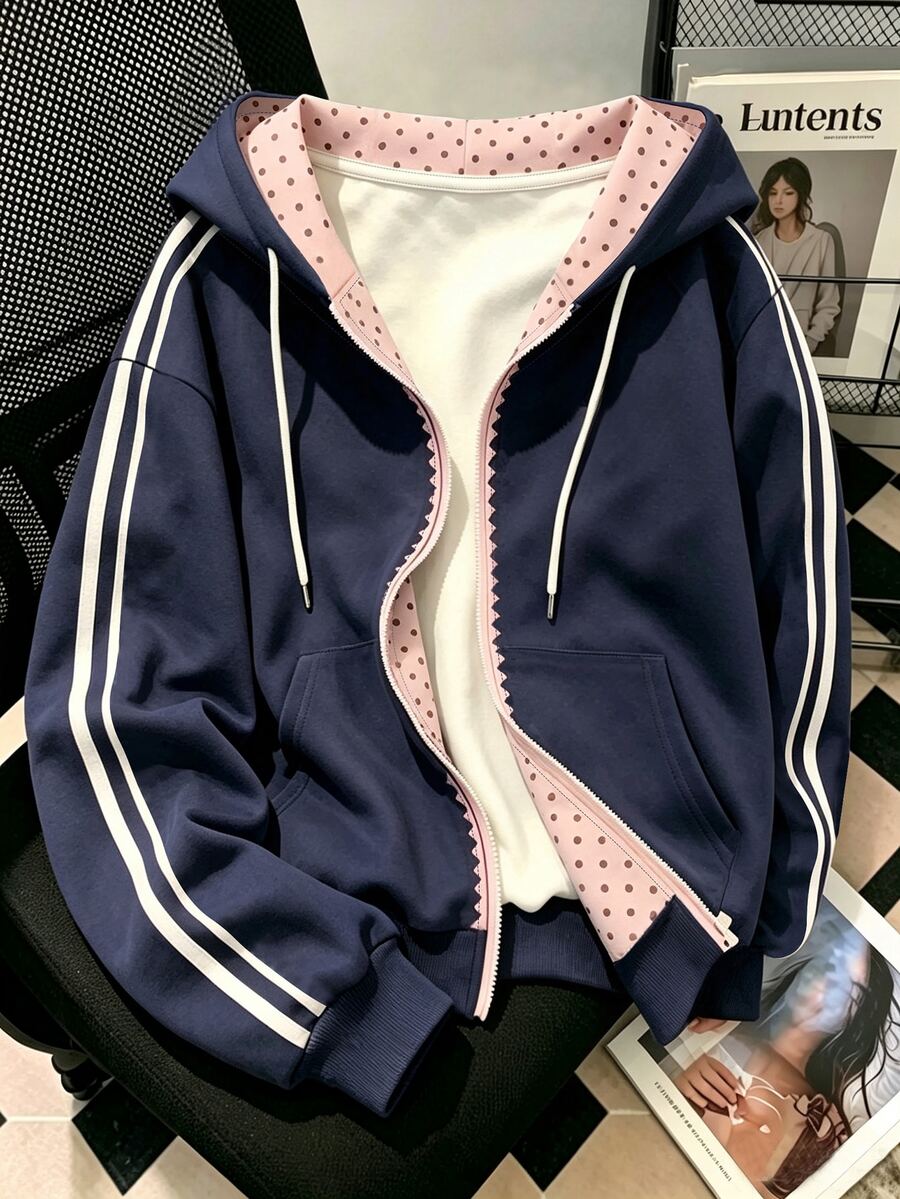 Resyla 女款外套上衣,秋冬新款,海軍藍,粉色波點,女款雙層連帽長袖運動衫,女款運動衫 - 彩色 - 查看 1