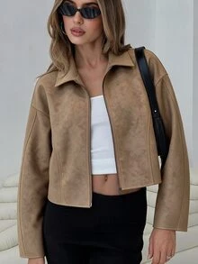 Avenya Fall/Winter Minimalist Casual Split Design Lapel Zipper Textured Leather Short Jacket Everyday Traveling Camel Casual Going Out Autumn Winter Jacket - Khaki - View 2