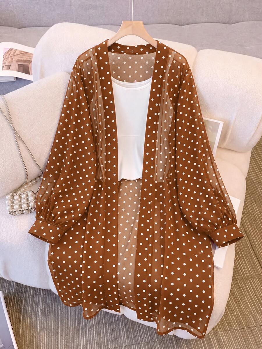 SHEIN LUNE كارديجان خريفي رقيق بأكمام طويلة أسود مفتوح من الأمام مقاس كبير رسمي للمكتب روديو أنيق - بني - مشاهدة 1