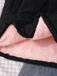 SHEIN 青少年女孩可愛圖案連帽加厚外套，長袖，對比色毛領，加厚黑色抓絨內裡，口袋，適合學校社團冬季穿著 - 黑色 - 查看 9