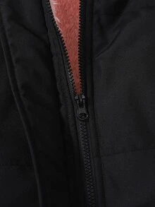 SHEIN 青少年女孩可愛圖案連帽加厚外套，長袖，對比色毛領，加厚黑色抓絨內裡，口袋，適合學校社團冬季穿著 - 黑色 - 查看 10