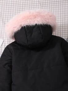 SHEIN 青少年女孩可愛圖案連帽加厚外套，長袖，對比色毛領，加厚黑色抓絨內裡，口袋，適合學校社團冬季穿著 - 黑色 - 查看 8