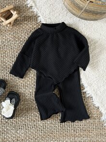 SHEIN Toddler Girls 2‑Piece Outfit, Mock Neck Ribbed Knit Top & Flare Pants Set, Autumn Winter Kids Casual Clothes - Black - View 3
