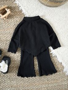 SHEIN Toddler Girls 2‑Piece Outfit, Mock Neck Ribbed Knit Top & Flare Pants Set, Autumn Winter Kids Casual Clothes - Black - View 2
