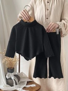 SHEIN Toddler Girls 2‑Piece Outfit, Mock Neck Ribbed Knit Top & Flare Pants Set, Autumn Winter Kids Casual Clothes - Black - View 8