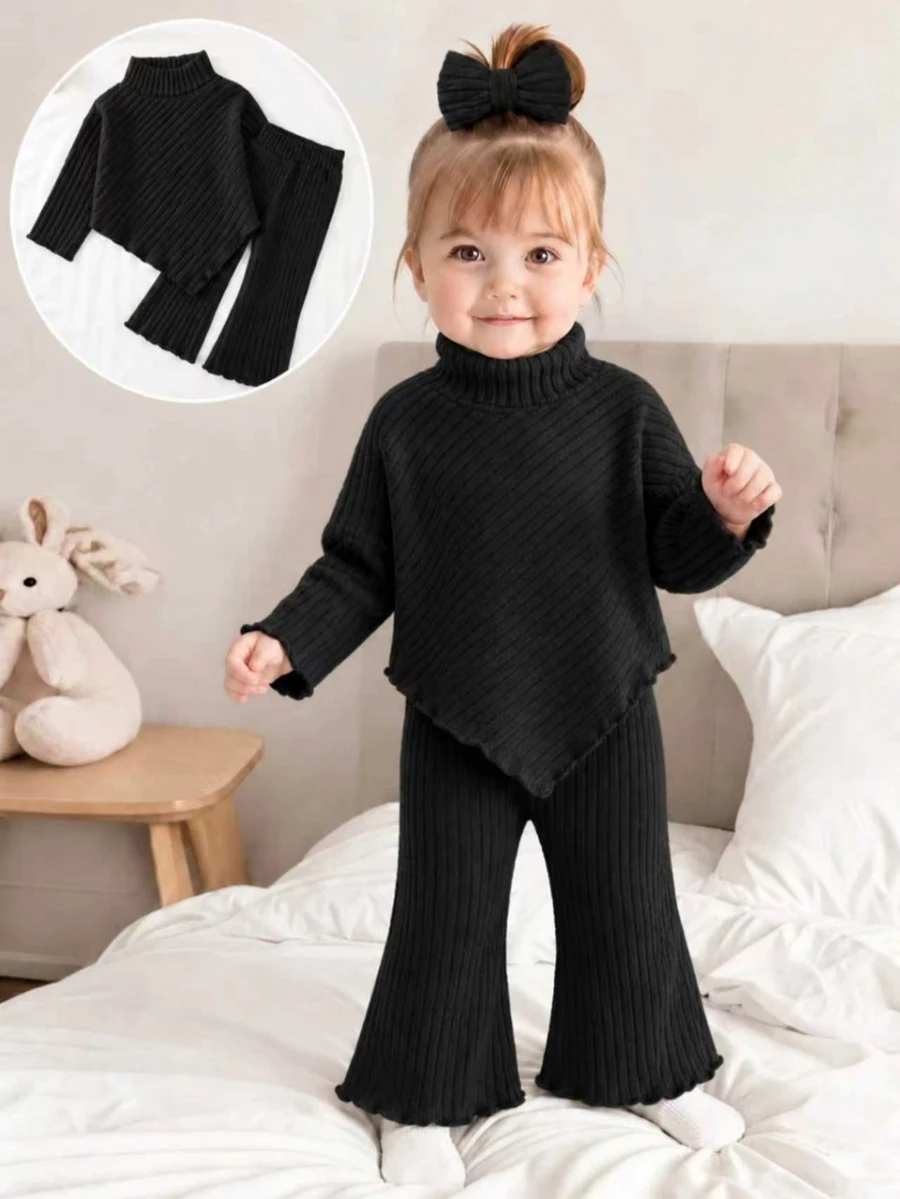 SHEIN Toddler Girls 2‑Piece Outfit, Mock Neck Ribbed Knit Top & Flare Pants Set, Autumn Winter Kids Casual Clothes - Black - View 1