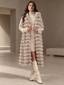 Anewsta Women's Long Hooded Plush Vest Jacket - Khaki - View 1