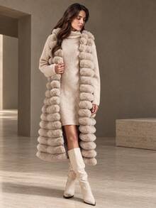 Anewsta Women's Long Hooded Plush Vest Jacket - Khaki - View 7