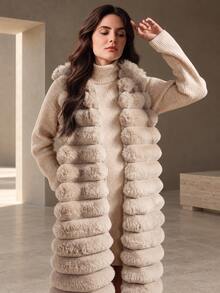 Anewsta Women's Long Hooded Plush Vest Jacket - Khaki - View 4