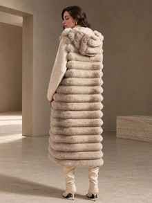Anewsta Women's Long Hooded Plush Vest Jacket - Khaki - View 2