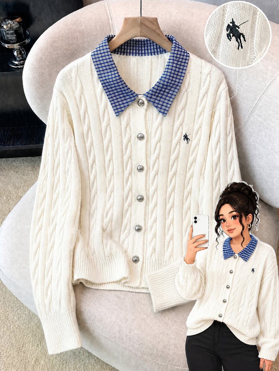 GlowEve CURVE New Arrival Plus-Size Women's Autumn & Winter Knit Cardigan, 2 In 1 Design With 3D Twisted Rope Texture And Off-White Plaid Collar, Preppy Sty