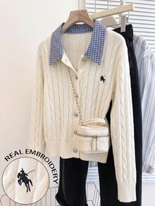 GlowEve CURVE New Arrival Plus-Size Women's Autumn & Winter Knit Cardigan, 2 In 1 Design With 3D Twisted Rope Texture And Off-White Plaid Collar, Preppy Sty - Beige - View 4