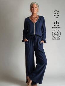 Offisola Navy Blue Set Women's V‑Neck Contrast Trim Long Sleeve Cotton Top, Drawstring Waist Wide Leg Pants With Pockets, Daily Commute Vacation Wear - Navy Blue - View 1