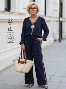Offisola Navy Blue Set Women's V‑Neck Contrast Trim Long Sleeve Cotton Top, Drawstring Waist Wide Leg Pants With Pockets, Daily Commute Vacation Wear - Navy Blue - View 5