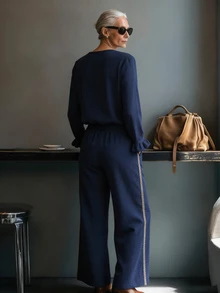 Offisola Navy Blue Set Women's V‑Neck Contrast Trim Long Sleeve Cotton Top, Drawstring Waist Wide Leg Pants With Pockets, Daily Commute Vacation Wear - Navy Blue - View 2