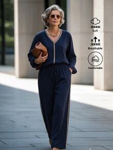 Offisola Navy Blue Set Women's V‑Neck Contrast Trim Long Sleeve Cotton Top, Drawstring Waist Wide Leg Pants With Pockets, Daily Commute Vacation Wear - Navy Blue - View 4