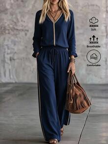 Offisola Navy Blue Set Women's V‑Neck Contrast Trim Long Sleeve Cotton Top, Drawstring Waist Wide Leg Pants With Pockets, Daily Commute Vacation Wear - Navy Blue - View 3