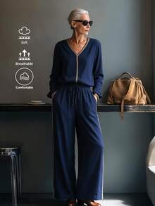 Offisola Navy Blue Set Women's V‑Neck Contrast Trim Long Sleeve Cotton Top, Drawstring Waist Wide Leg Pants With Pockets, Daily Commute Vacation Wear - Navy Blue - View 6