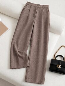 Grovea Plus Size Women Fashion Minimalist Commute Brown Slim Fit Long Suit Pants Autumn/Winter - Brown - View 5