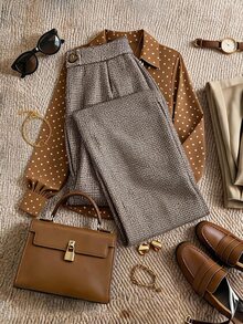 Grovea Plus Size Women Fashion Minimalist Commute Brown Slim Fit Long Suit Pants Autumn/Winter - Brown - View 1