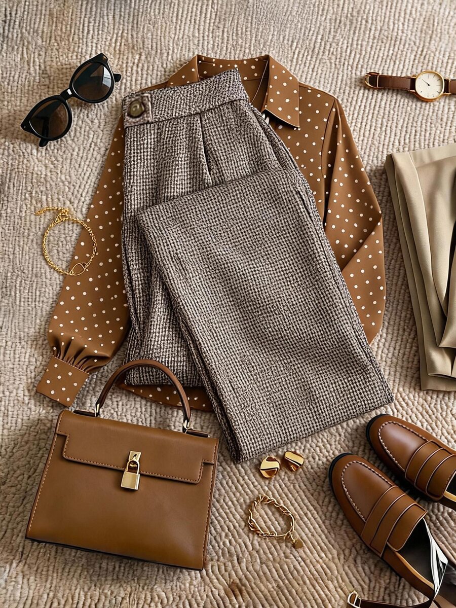 Grovea Plus Size Women Fashion Minimalist Commute Brown Slim Fit Long Suit Pants Autumn/Winter - Brown - View 1