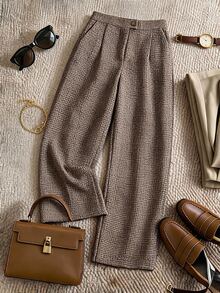 Grovea Plus Size Women Fashion Minimalist Commute Brown Slim Fit Long Suit Pants Autumn/Winter - Brown - View 9