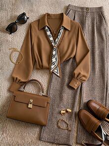 Grovea Plus Size Women Fashion Minimalist Commute Brown Slim Fit Long Suit Pants Autumn/Winter - Brown - View 6