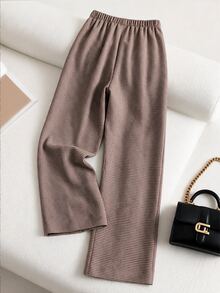 Grovea Plus Size Women Fashion Minimalist Commute Brown Slim Fit Long Suit Pants Autumn/Winter - Brown - View 2