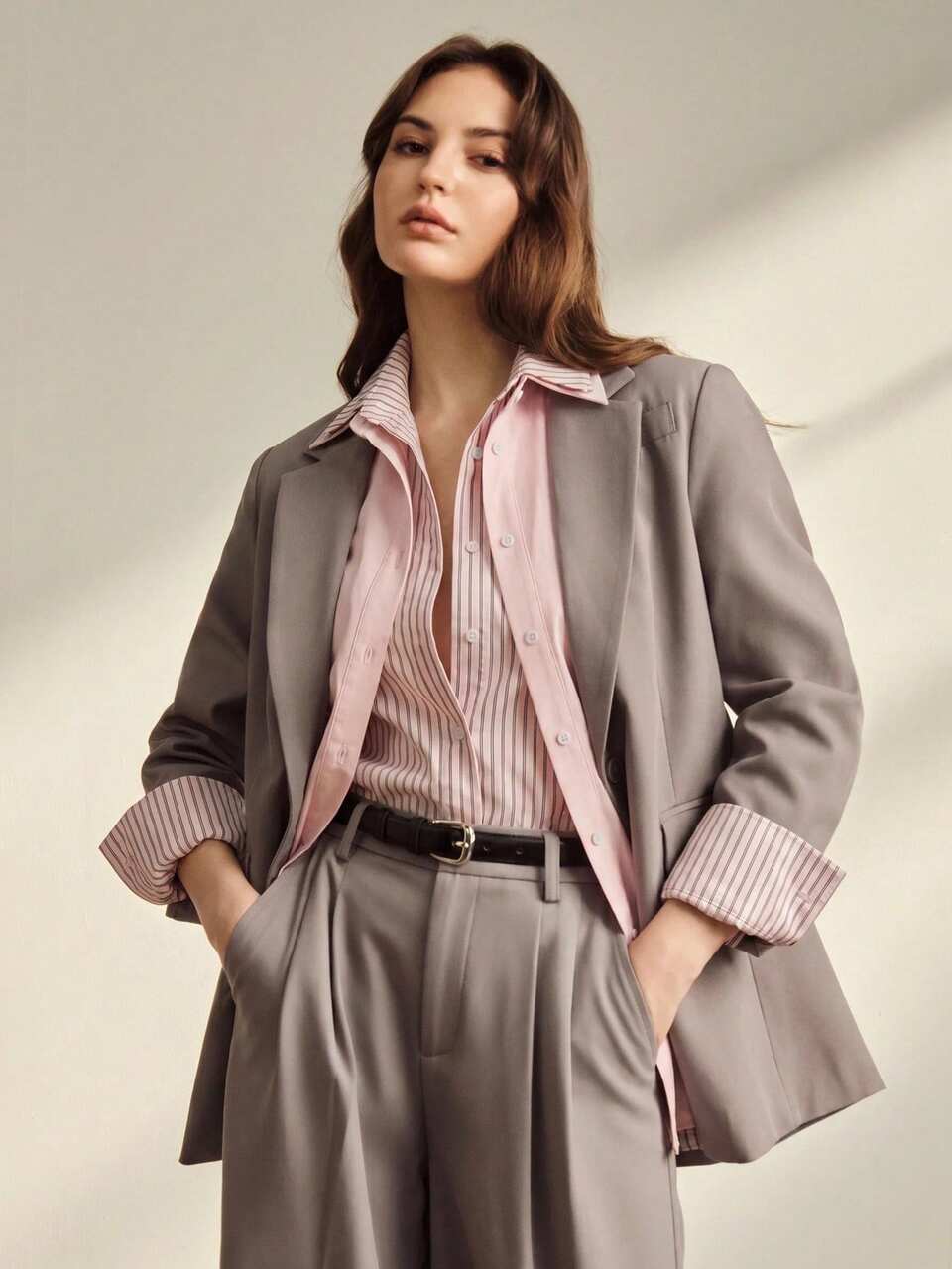 Anewsta Women's Stylish Pink Collared Long Sleeve Button Front Blouse Perfect For Casual Or Office Wear