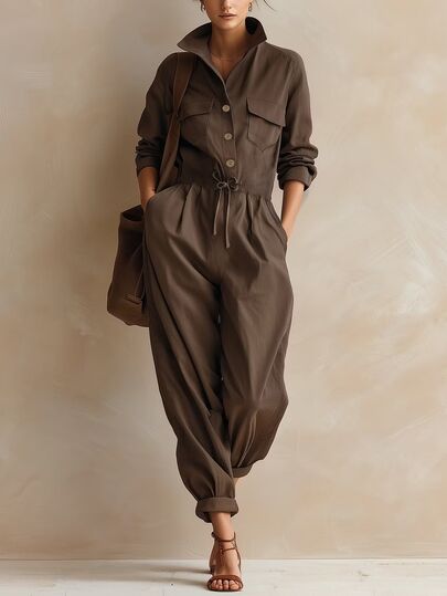 Trelyra Mono casual de utilidad para mujer, mono de utilidad de manga larga, cinturón de cintura ceñida, corte holgado, atuendo casual vintage para vacaciones, festivales, conciertos de música country, mono para fiesta de vuelta al colegio, pantalones largos estilo francés para ir al trabajo, mono marrón,