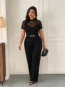 Femmeverse Plus Size Women's Fashion Elegant Round Neck Mesh Patchwork Short Sleeve, Waist Metal Buckle Decor Straight Leg Solid Color Jumpsuit, Suitable For Spring And Summer - Black - View 6