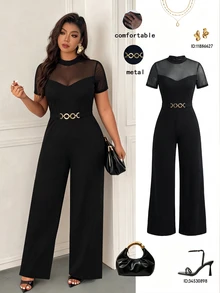 Femmeverse Plus Size Women's Fashion Elegant Round Neck Mesh Patchwork Short Sleeve, Waist Metal Buckle Decor Straight Leg Solid Color Jumpsuit, Suitable For Spring And Summer - Black - View 5