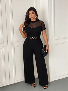 Femmeverse Plus Size Women's Fashion Elegant Round Neck Mesh Patchwork Short Sleeve, Waist Metal Buckle Decor Straight Leg Solid Color Jumpsuit, Suitable For Spring And Summer - Black - View 1