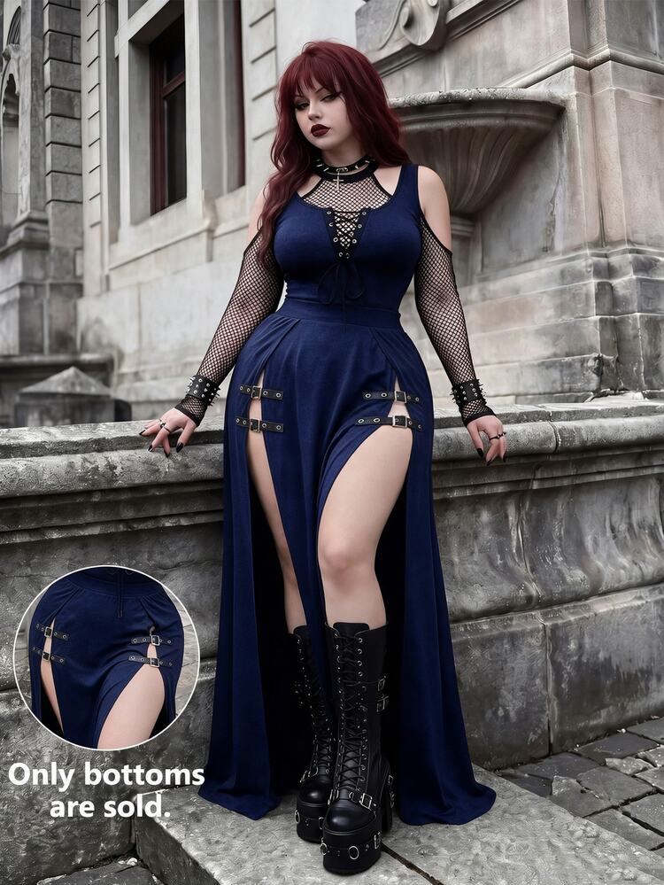 Whyspr Plus Size Dark Techwear Black High Slit Slimming Metal Buckle Halloween Sexy Commute Streetwear Versatile Midi Skirt Gothic Style - Navy Blue - View 1