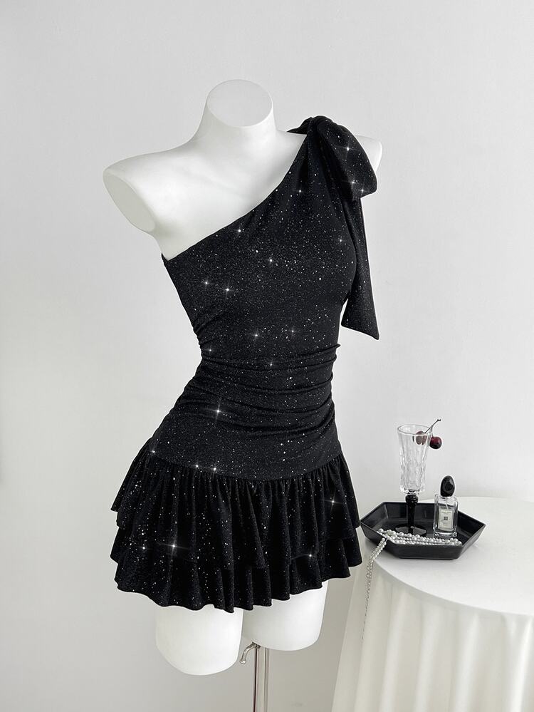 Elamini Sexy Asymmetric Shoulder Bowknot Ruched Knit Dress, Party Night, Date, Birthday Party Dress Halloween Black Summer - Black - View 7