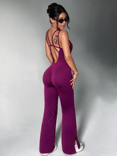 WanderVale 1pc Women's Purple Split Leg Jumpsuit, Knit Seamless Comfortable Elastic, Suitable For Running, Cycling, Fitness, Outdoor Casual Activities, New Tennis Style, Spring Summer Autumn Winter