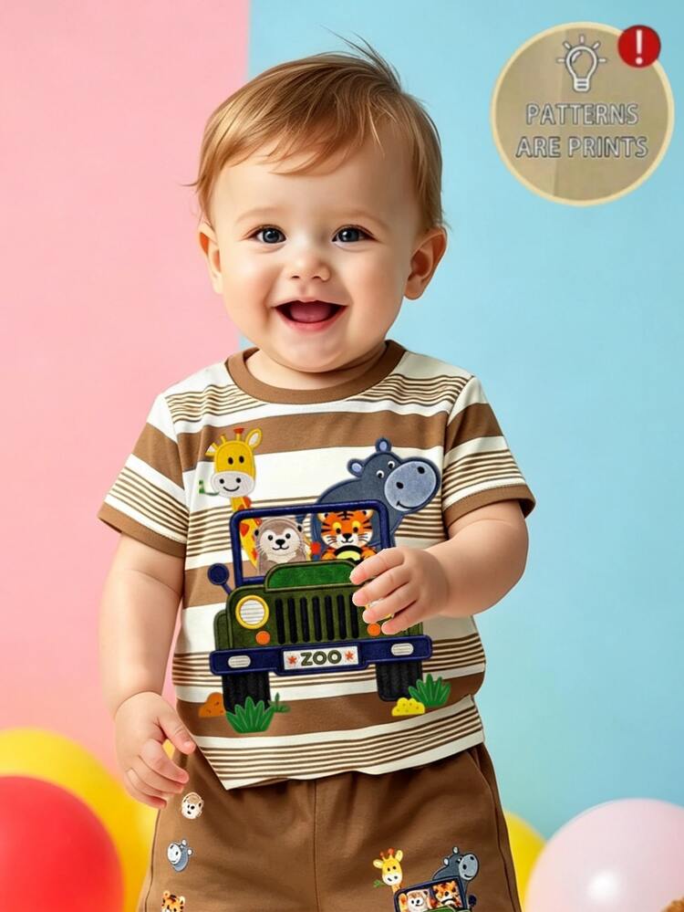 Baby Boys Casual Cute Tropical Versatile Printed Pattern Short Sleeve Top, Boy Favorite Pattern Gift, Sports, Holiday, Daily Wear School Brown Stripe - Multicolor - View 3
