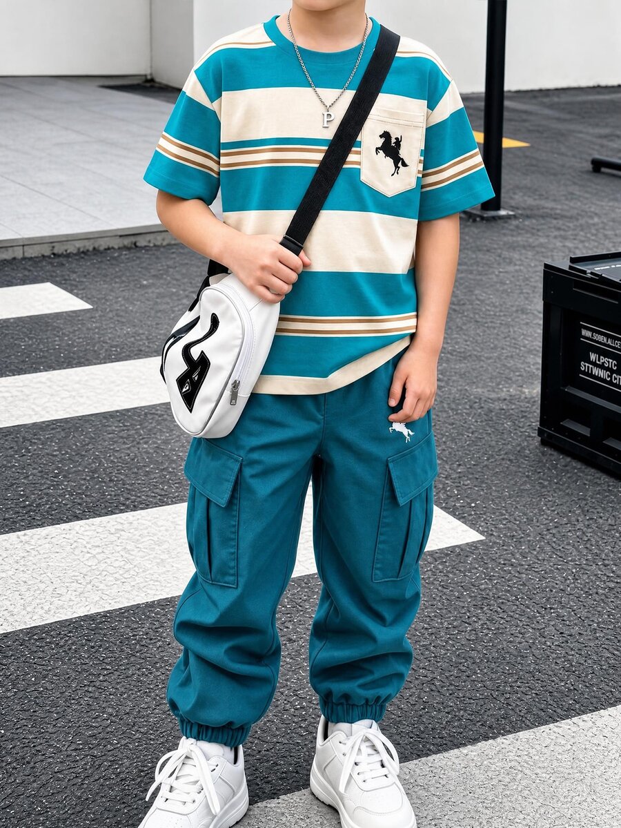 2件組 青少年男孩條紋馬標誌印花圖案 藍色白色棕色條紋 百搭時尚舒適圓領T恤 藍色收口束口工裝褲 短袖套裝 適合四季穿著 - 彩色 - 查看 1