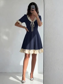 Mulvari Women's Spring/Summer Knit Navy Blue Short Sleeve Mixed Woven Ruffle Waist-Cinching A-Line French Preppy Dress Outfits Brunch Tea Party - Navy Blue - View 6