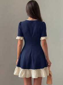 Mulvari Women's Spring/Summer Knit Navy Blue Short Sleeve Mixed Woven Ruffle Waist-Cinching A-Line French Preppy Dress Outfits Brunch Tea Party - Navy Blue - View 2