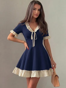 Mulvari Women's Spring/Summer Knit Navy Blue Short Sleeve Mixed Woven Ruffle Waist-Cinching A-Line French Preppy Dress Outfits Brunch Tea Party - Navy Blue - View 5