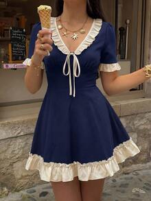 Mulvari Women's Spring/Summer Knit Navy Blue Short Sleeve Mixed Woven Ruffle Waist-Cinching A-Line French Preppy Dress Outfits Brunch Tea Party - Navy Blue - View 4