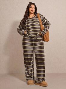 Elaquor Plus Size Color Block Striped Pattern Round Neck Long Sleeve Top And Pants 2 Pieces Set (Casual And Formal Style), Suitable For Autumn Vacation Women's Casual Loungewear - Brown - View 1